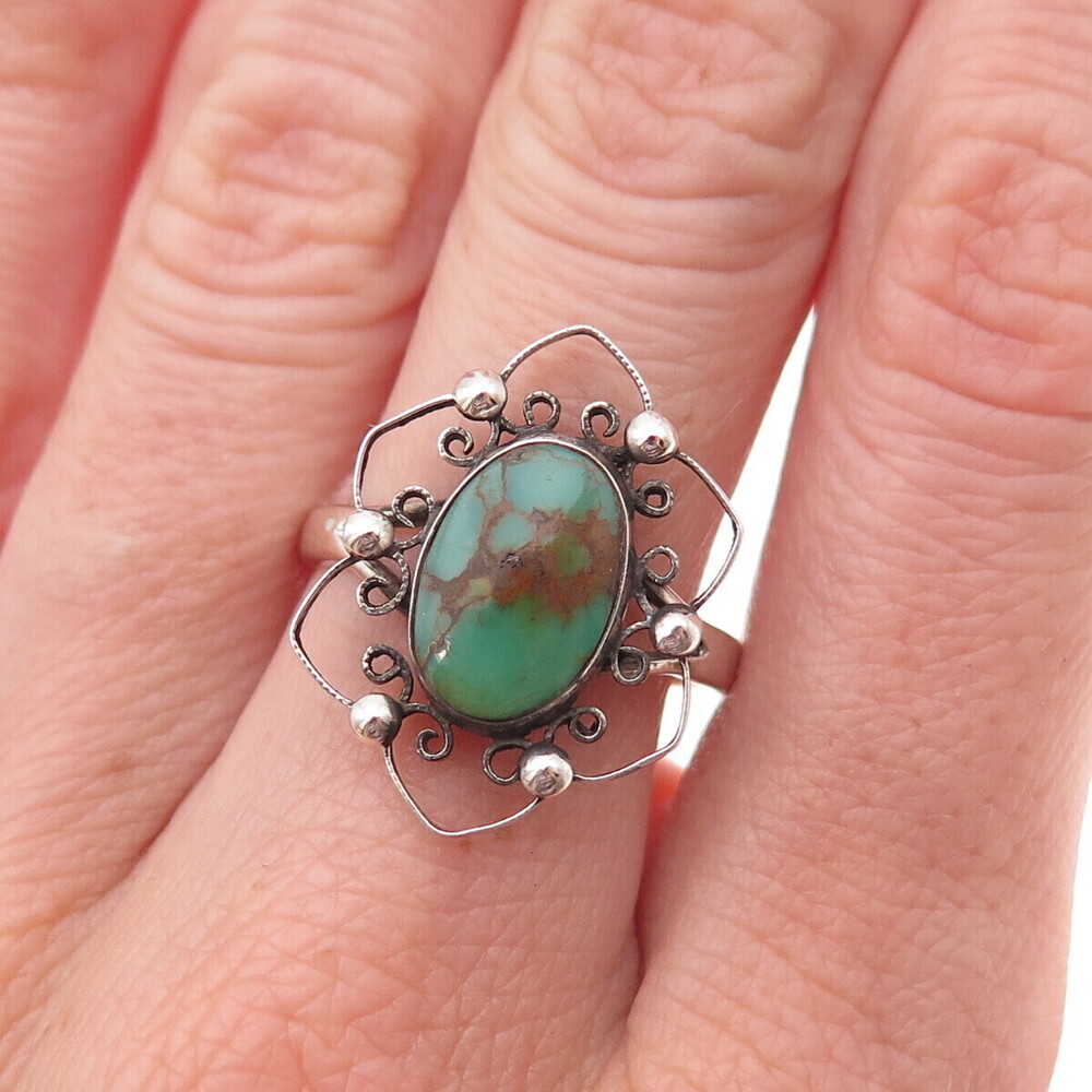 Old Pawn 925 Sterling Silver Vintage Royston Turquoise Floral Ring Size 7.5